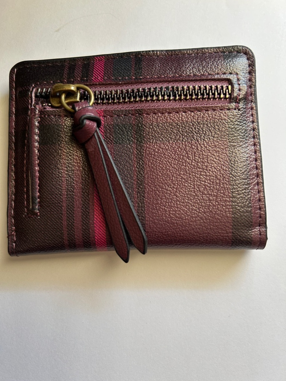 Burgundy Plaid Leather Zip Wallet
